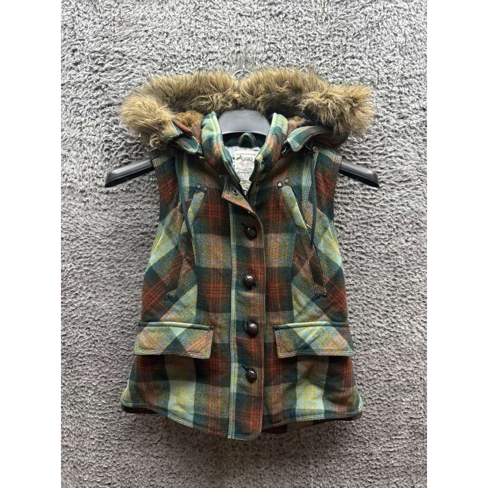 Vintage Triple 5 Soul Plaid Faux Fur Hood Quilted Vest Multicolor Womens Size M